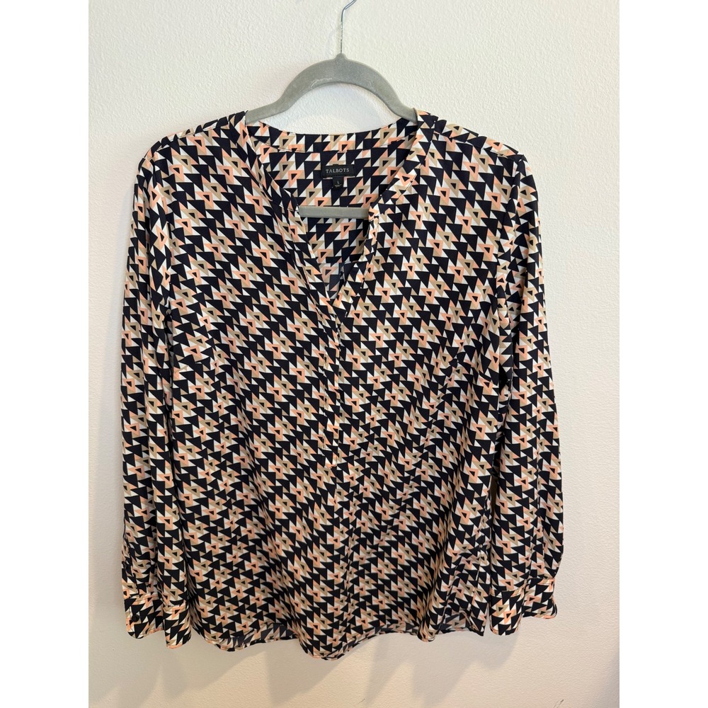 Talbots Womens Geometric Triangle Print Split Neck Hidden Button Blouse Black L